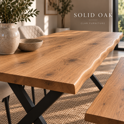 Firsby Solid Oak Live Edge Dining Set – Table, Bench & 2 Moor Velvet Beige Chairs | XF Steel Legs