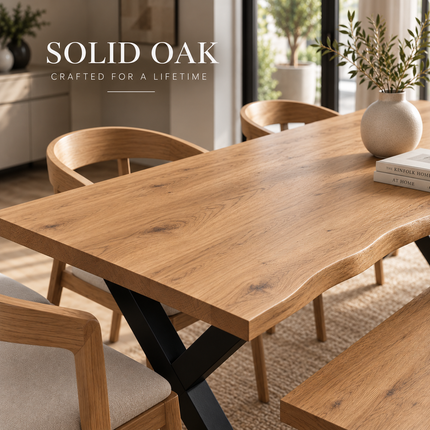 Firsby Solid Oak Live Edge Dining Set – Table, Bench & 4 Aby Velvet Beige Chairs | XF Steel Legs