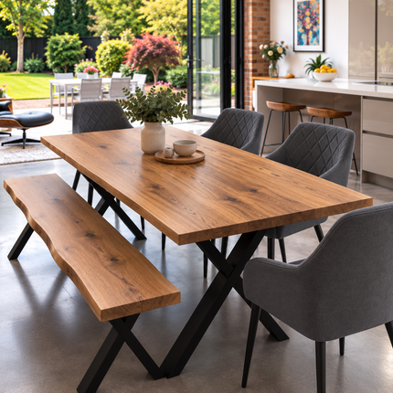 Firsby Solid Oak Live Edge Dining Set – Table, Bench & 4 Moor Velvet Grey Chairs | XF Steel Legs
