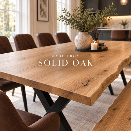 Firsby Solid Oak Live Edge Dining Set – Table, Bench & 6 Eske Brown Chairs with X-Frame Steel Legs