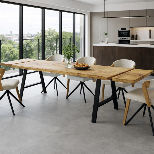 Firsby Live Edge Extendable 2-Sides Dining Table A Frame Steel Legs