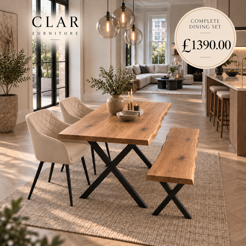Firsby Solid Oak Live Edge Dining Set – Table, Bench & 2 Moor Velvet Beige Chairs | XF Steel Legs