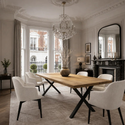 Brigg Dining Table Straight Edge,   280cm x 110cm,  old pine colour, X frame legs & matching 280 cm long bench