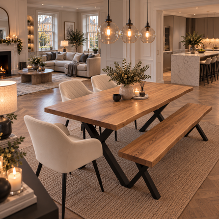 Firsby Solid Oak Live Edge Dining Set – Table, Bench & 4 Moor Velvet Beige Chairs | XF Steel Legs