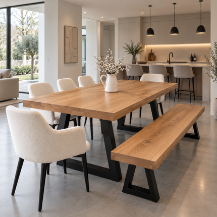 Chloe Solid Oak Dining Set – Table, Bench & 5 Chairs | Trapezium Steel Legs