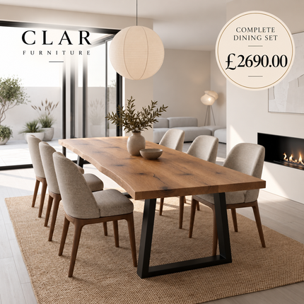 Moffat Solid Oak Live Edge Dining Set – Table & 6 Ava Chairs with Trapezium Steel Legs