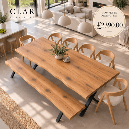 Glen Solid Oak Live Edge Dining Set – Table, Bench & 6 Aby Chairs with XF Steel Legs
