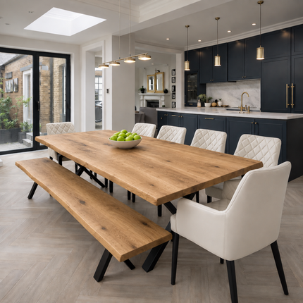 Firsby Solid Oak Live Edge Dining Set – Table, Bench & 6 Moor Beige Chairs with X-Frame Steel Legs
