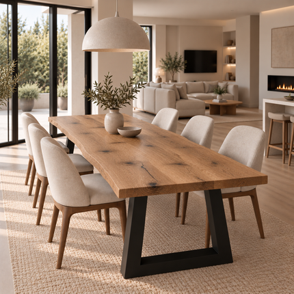 Moffat Solid Oak Live Edge Dining Set – Table & 6 Ava Chairs with Trapezium Steel Legs