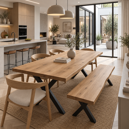 Firsby Solid Oak Live Edge Dining Set – Table, Bench & 4 Aby Velvet Beige Chairs | XF Steel Legs