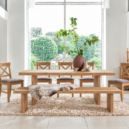 Brigg Solid Oak Straight Edge Dining Set – Table, Bench & 5 Alex Velvet Grey Oak Chairs
