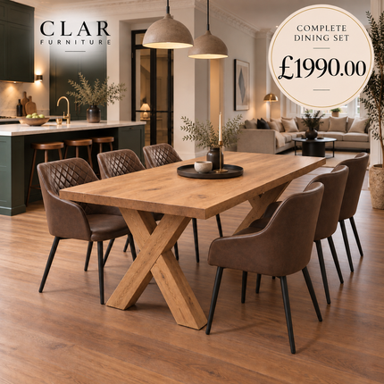 Tetey Solid Oak Straight Edge Dining Table Set with 6 Eske Brown Chairs & X Frame Wooden Legs