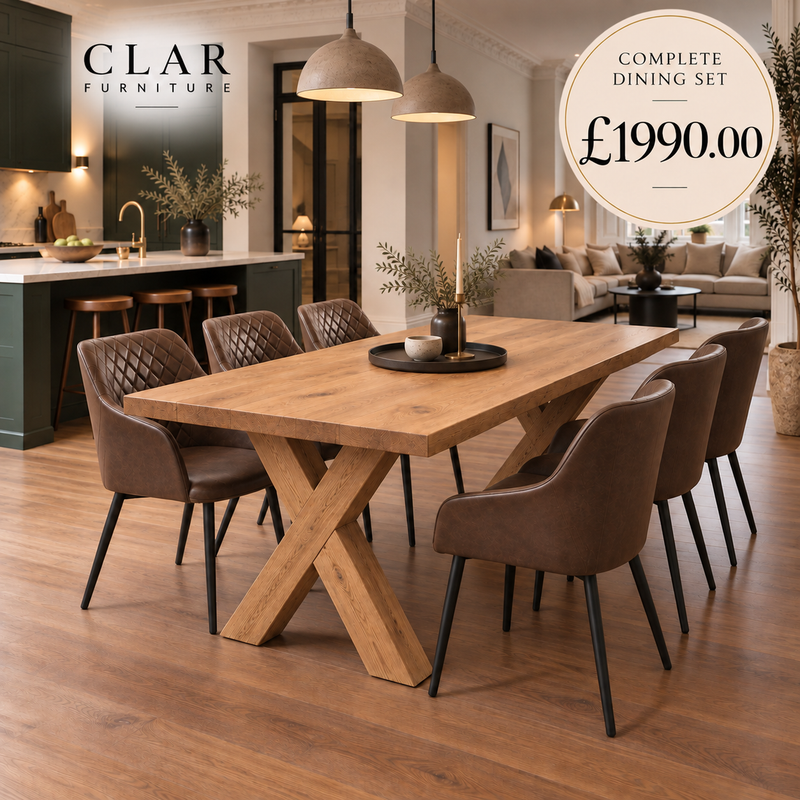 Tetey Solid Oak Straight Edge Dining Table Set with 6 Eske Brown Chairs & X Frame Wooden Legs