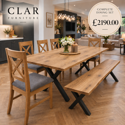 Firsby Solid Oak Live Edge Dining Set – Table, Bench & 5 Alex Velvet Grey Oak Chairs | XF Steel Legs