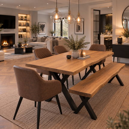 Firsby Solid Oak Live Edge Dining Set – Table, Bench & 4 Eske Faux Brown Chairs | XF Steel Legs