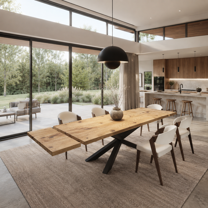 Brigg Dining Table Straight Edge Extendable 2 Sides  Spider Steel Base