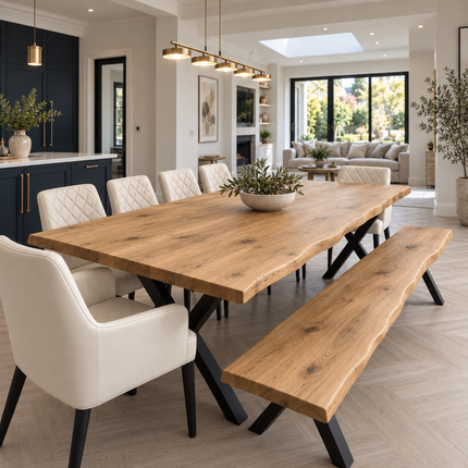 Firsby Solid Oak Live Edge Dining Set – Table, Bench & 6 Moor Beige Chairs with X-Frame Steel Legs