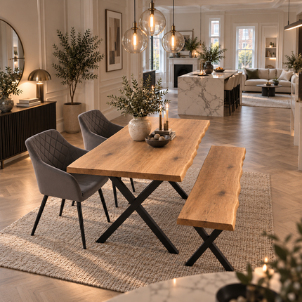 Firsby Solid Oak Live Edge Dining Set – Table, Bench & 2 Moor Velvet Grey Chairs | XF Steel Legs