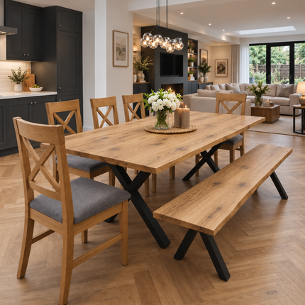 Firsby Solid Oak Live Edge Dining Set – Table, Bench & 5 Alex Velvet Grey Oak Chairs | XF Steel Legs
