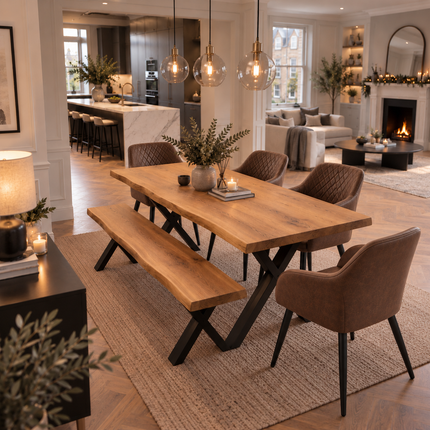 Firsby Solid Oak Live Edge Dining Set – Table, Bench & 4 Eske Faux Brown Chairs | XF Steel Legs