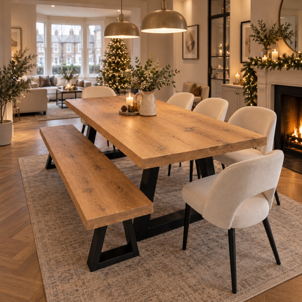 Natally Solid Oak Dining Set – Table, Bench & 5 Chairs | Trapezium Steel Legs