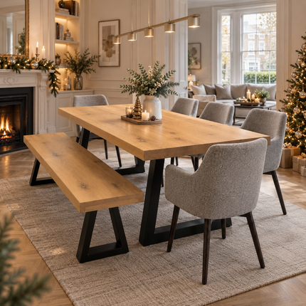 Grantham Solid Oak Dining Set – Table, Bench & 5 Rene Chairs | Trapezium Steel Legs