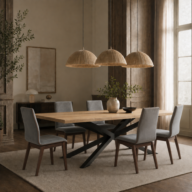 Ailby Oak Modern Dining Table Straight Edge with Spider Stel Base 280 x 90cm (10 seater)