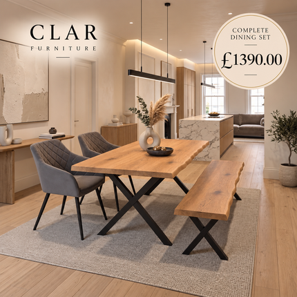 Firsby Solid Oak Live Edge Dining Set – Table, Bench & 2 Moor Velvet Grey Chairs | XF Steel Legs