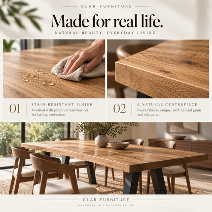 Firsby Solid Oak Live Edge Dining Set – Table, Bench & 2 Eske Brown Chairs | XF Steel Legs