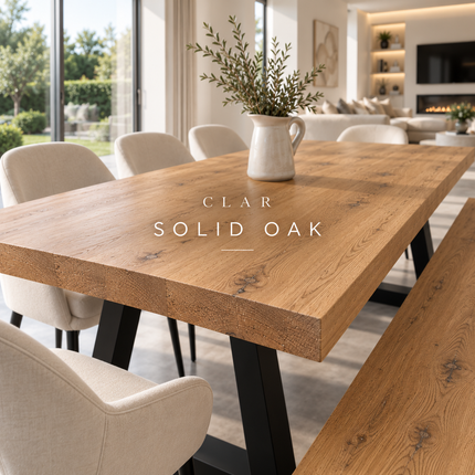 Natally Solid Oak Dining Set – Table, Bench & 5 Chairs | Trapezium Steel Legs