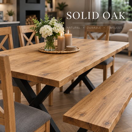 Firsby Solid Oak Live Edge Dining Set – Table, Bench & 5 Alex Velvet Grey Oak Chairs | XF Steel Legs