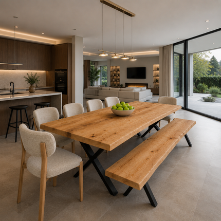 Glen Solid Oak SET Table/Bench/6 Chairs -  Live Edge Oak Dining Table/ Live Edge Oak Dining Bench/Chairs Selby