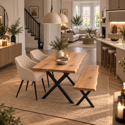 Firsby Solid Oak Live Edge Dining Set – Table, Bench & 2 Moor Velvet Beige Chairs | XF Steel Legs