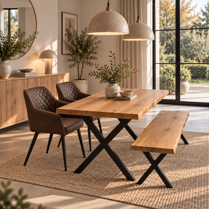 Firsby Solid Oak Live Edge Dining Set – Table, Bench & 2 Eske Brown Chairs | XF Steel Legs