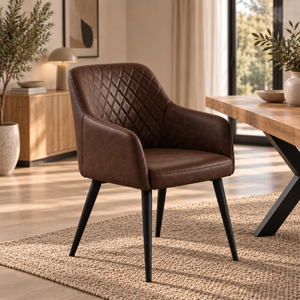 Firsby Solid Oak Live Edge Dining Set – Table, Bench & 2 Eske Brown Chairs | XF Steel Legs