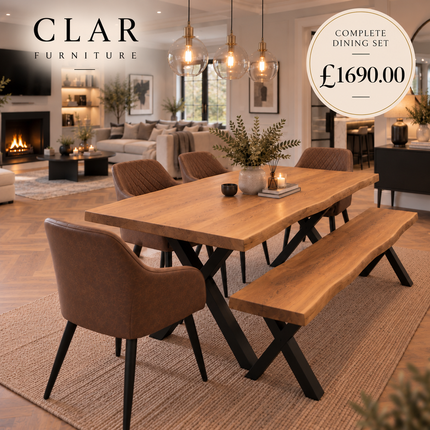 Firsby Solid Oak Live Edge Dining Set – Table, Bench & 4 Eske Faux Brown Chairs | XF Steel Legs