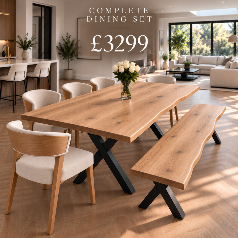 Paraiso Solid Oak Live Edge Dining Set – Table, Bench & 5 Paradiso Chairs