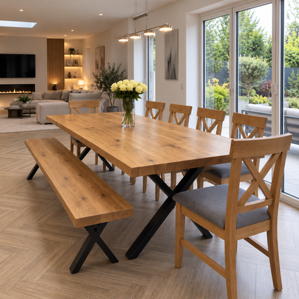 Slea Solid Oak Live Edge Dining Set – Table, Bench & 6 Alex Chairs with XF Steel Legs