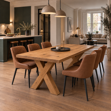 Tetey Solid Oak Straight Edge Dining Table & Bench Set with 6 Yarm Tan Faux Leather Chairs & X Frame Wooden Legs