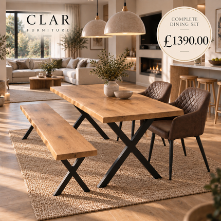 Firsby Solid Oak Live Edge Dining Set – Table, Bench & 2 Eske Brown Chairs | XF Steel Legs