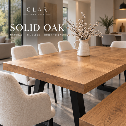 Chloe Solid Oak Dining Set – Table, Bench & 5 Chairs | Trapezium Steel Legs
