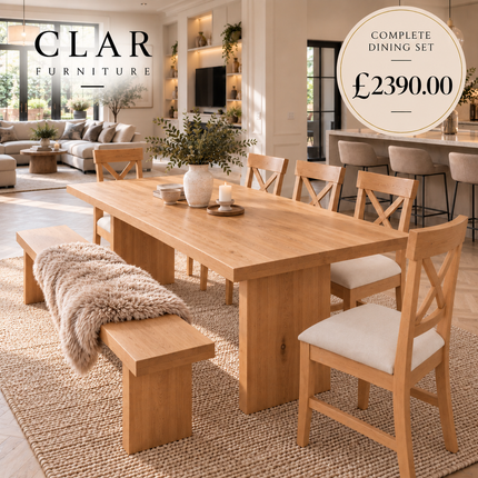 Brigg Solid Oak Straight Edge Dining Set – Table, Bench & 5 Alex Velvet Beige Oak Chairs