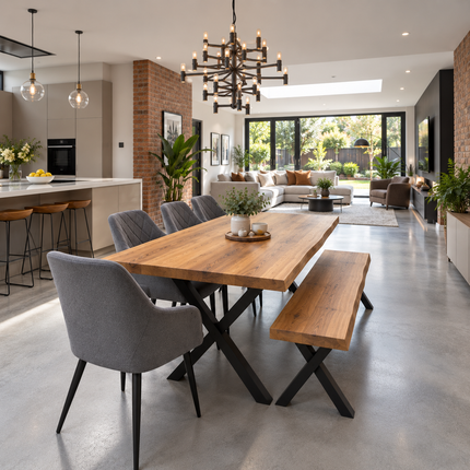 Firsby Solid Oak Live Edge Dining Set – Table, Bench & 4 Moor Velvet Grey Chairs | XF Steel Legs