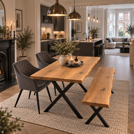 Firsby Solid Oak Live Edge Dining Set – Table, Bench & 2 Moor Velvet Grey Chairs | XF Steel Legs