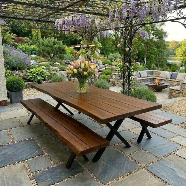 Firsby Outdoor Live Edge Dining Bench Steel XF Legs