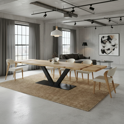 Firsby Live Edge Extendable 2-Sides Dining Table V Steel Base
