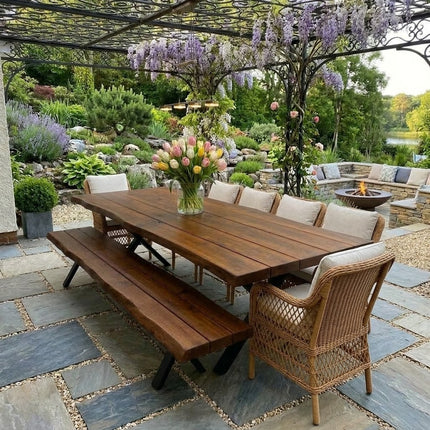 Firsby Outdoor Live Edge Dining Bench Steel XF Legs