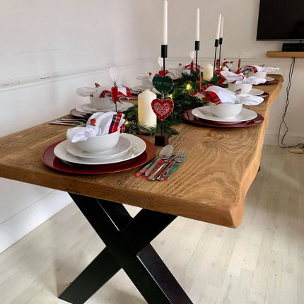 Firsby XF Chunky Steel Dining Table Natural Live Edge Rustic Steel X Frame Legs Handmade Characteristic of the Countryside