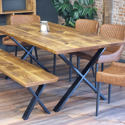 Louth XF Dining Table Solid Wood Chamfer Edge - Industrial X Frame Steel Legs - Modern Rustic Interior Design Cozy Natural and Stylish