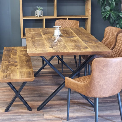 Louth XF Dining Table Solid Wood Chamfer Edge - Industrial X Frame Steel Legs - Modern Rustic Interior Design Cozy Natural and Stylish